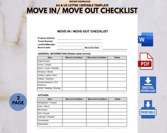 Move-In / Move-Out Checklist Template | Rental Property Inspection Form | Landlord-Tenant Checklist – A4 & Letter Editable Template