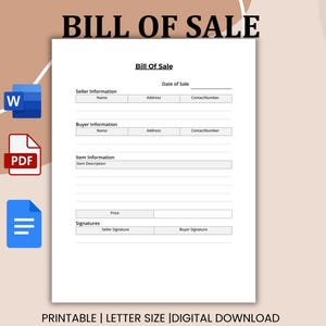 Bill of Sale Template | General Printable Form | Editable PDF, Word & Google Docs | Digital Download | Personal or Business Use