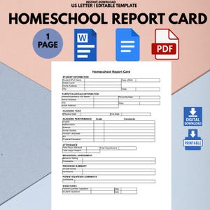 Puede incluir: Plantilla de boleta de calificaciones para la escuela en casa en tamaño US Letter. El documento incluye secciones para información del estudiante y de los padres, rendimiento académico, asistencia y evaluación del comportamiento.