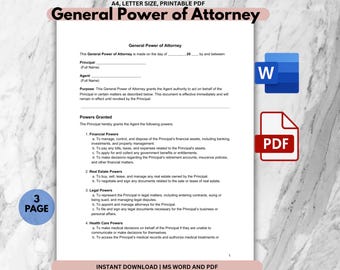 Druckbare Vollmacht Vorlage. Bearbeitbare Vollmacht. POA Form. POA-Vereinbarung. Sofort Download (PDF, Docs Word)