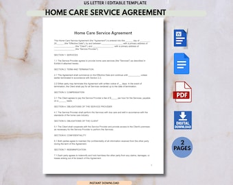 Home Care Servicevereinbarung. Homecare Dokumenten Vorlage. Kunden-Service-Vereinbarung. Bearbeitbares Wort. PDF-Datei.  Google Doc. Sofortdownload.