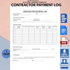 Può includere: Un modello di registro dei pagamenti dell'appaltatore in formato US Letter bianco con il testo "CONTRACTOR PAYMENT LOG". Include campi per le informazioni sull'appaltatore, i dettagli di pagamento e un riepilogo dei pagamenti. Sono visibili icone per il download digitale e la stampa.