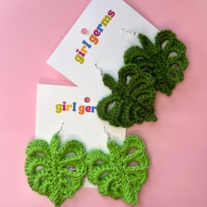 Crochet Monstera Earrings, Green Leaf Statement Jewelry, Lightweight Handmade Dangles, Boho Plant Lover Gift, Funky Summer Earrings