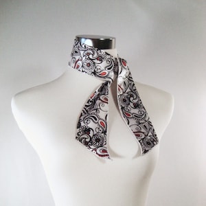 Ponytail Scarf - Headband - Hatband - Purse Scarf - White Black Red Paisley Print - Shiny Silky Satin