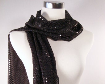 Black Sequin Party Scarf – Shiny Dressy Long Black Sequin Scarf – Gift Under 30 - READ Item Details