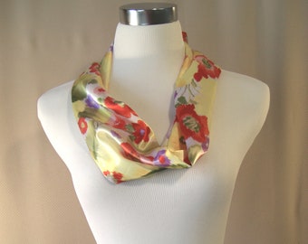 Cowl Infinity Scarf - Golden Yellow Floral Silky Satin