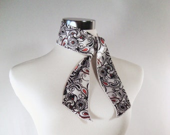 Ponytail Scarf - Headband - Hatband - Purse Scarf - White Black Red Paisley Print - Shiny Silky Satin
