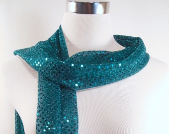 Teal Sequin Party Scarf – Shiny Dressy Long Teal Sequin Scarf – Gift Under 30 - READ Item Details