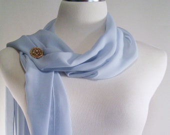Ice Blue Chiffon Wedding Scarf / Evening Wrap – Custom Made Long Ice Blue Dressy Chiffon Scarf – READ Item Details