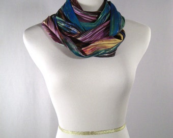 Infinity Scarf - Waterfall Scarf - Green Purple Aubergine White Blue Yellow Abstract Stripes - Silk - Long Cowl