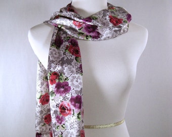 Long Scarf -  Rose Pink Purple Green White Black Floral pattern - Silky Satin-  Dressy Scarf