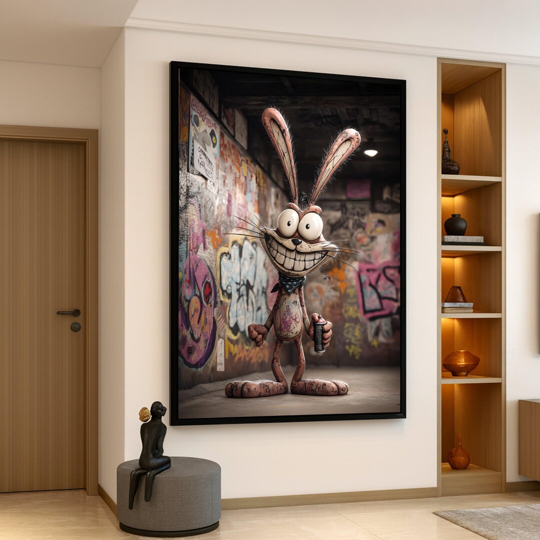 Urban Graffiti Bunny, Street Art Canvas Wall Decor, Funky Cartoon ...
