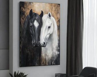 Zwart-witte paarden canvaskunst, paar kunst aan de muur paard paar, dierlijke canvas print, muur kunst canvas design, klaar om op te hangen paardensport decor