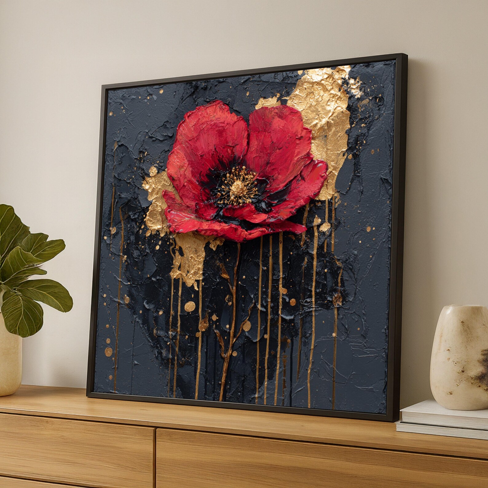Red Poppy Flower Canvas Wall Art, Modern Floral Painting, Gold Accents ...