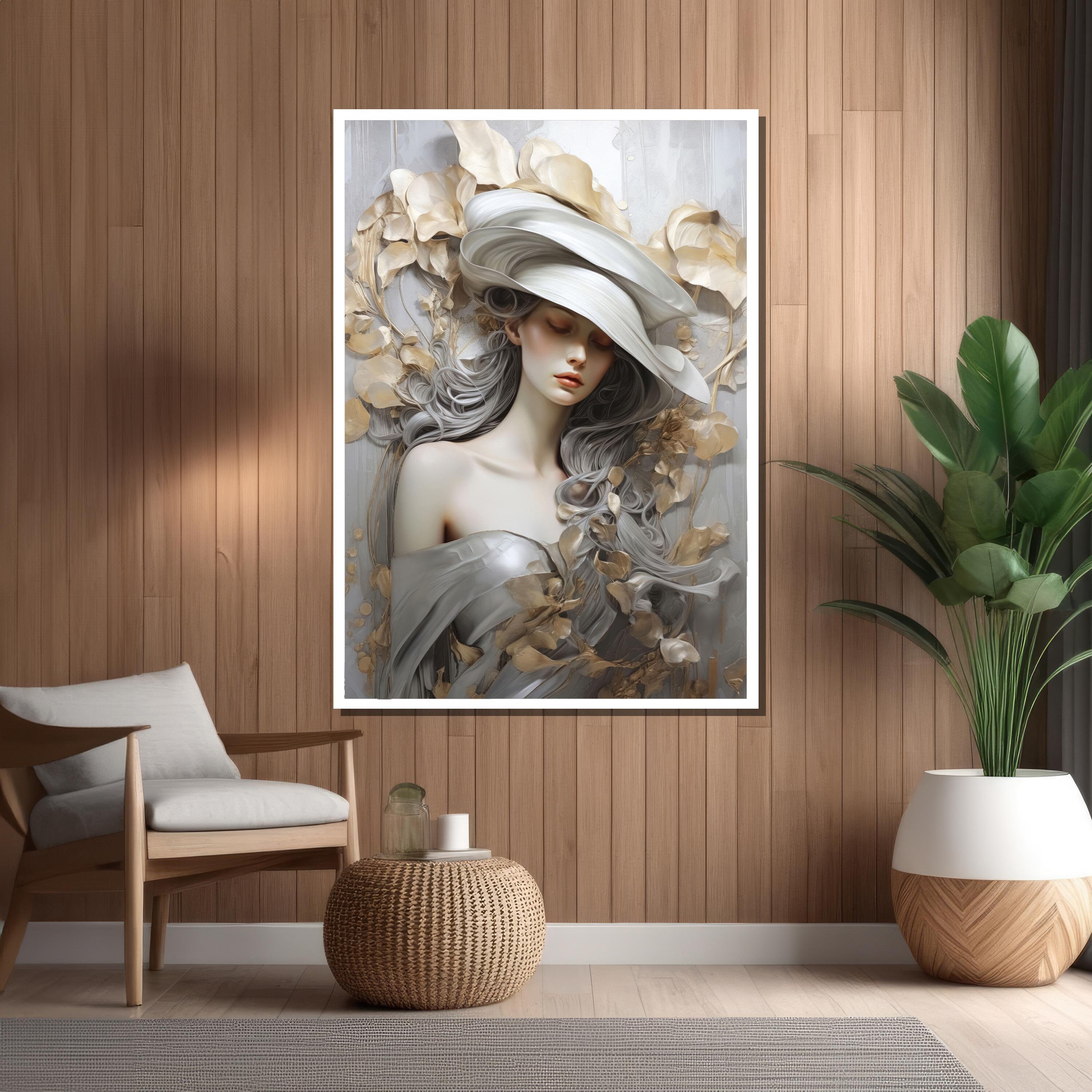 Graceful Modern Canvas Painting - Woman in White Hat With Golden Floral ...