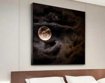 May include: A full moon shines brightly through dark, swirling clouds in a black and white photograph.