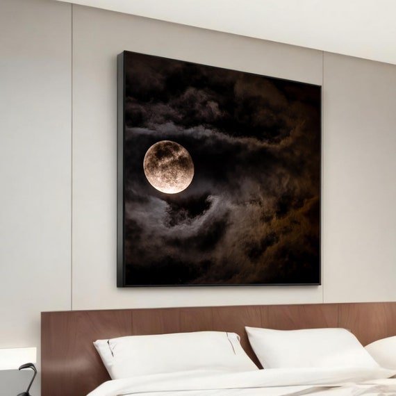 Mystical Full Moon Canvas Painting – Hand-Painted Night Sky Art for Tranquil Home Decor – Ideal Gift