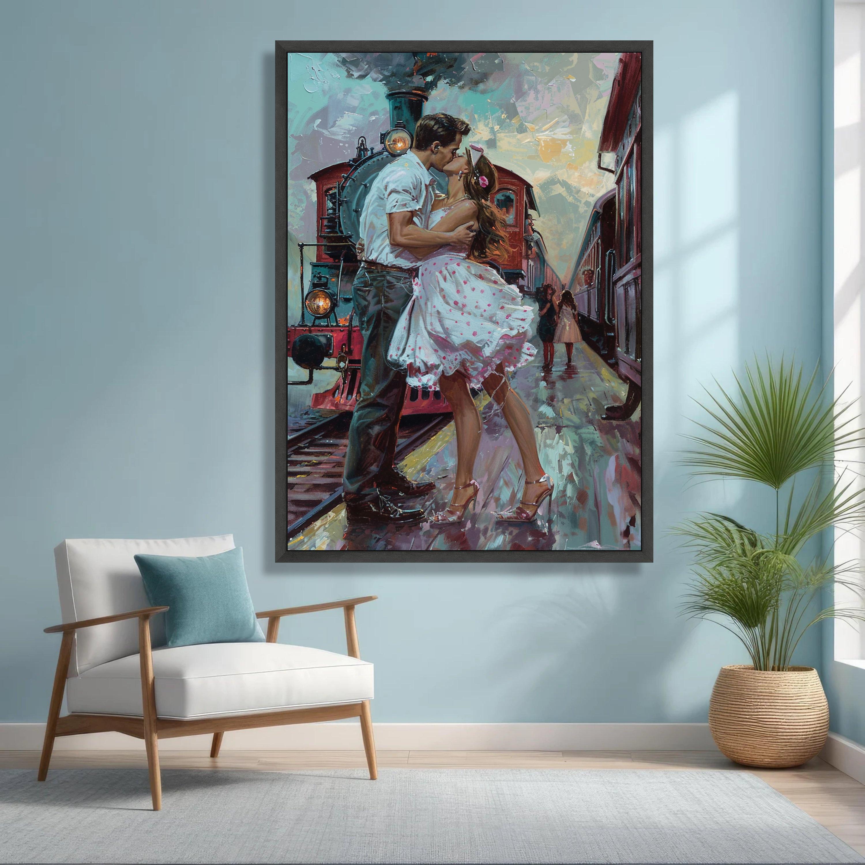 Romantic Kiss at Train Station Canvas, Vintage Couple Art