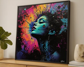 Puede incluir: Una impresión artística enmarcada que presenta el perfil de una mujer con los ojos cerrados, representada en vibrantes tonos turquesa, rosa, amarillo y negro. La obra de arte tiene un tema cósmico con líneas y salpicaduras radiantes, creando una composición dinámica y colorida. La firma del artista está en la esquina inferior derecha.