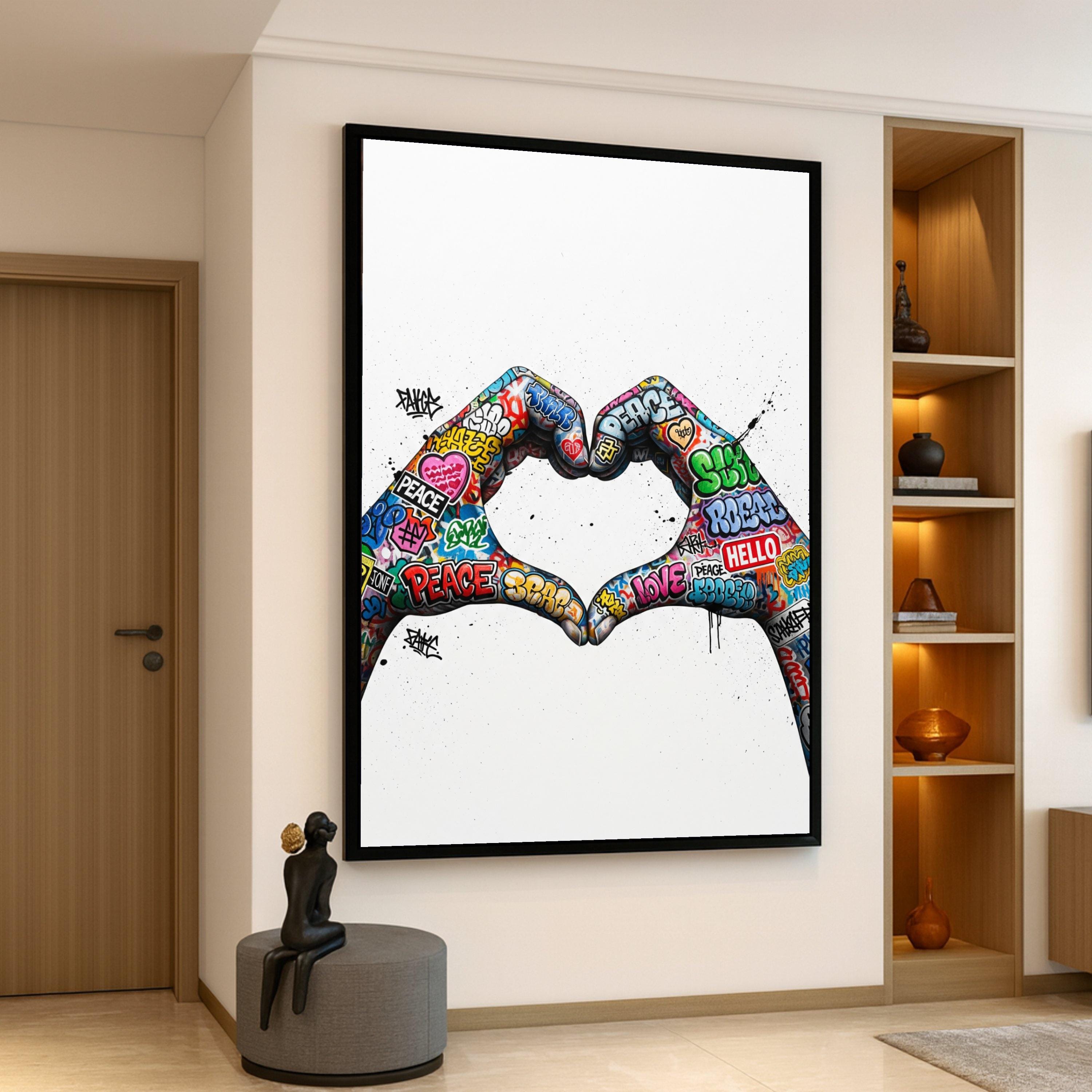 Graffiti Heart Hands Canvas, Urban Street Art Wall Decor, Colorful