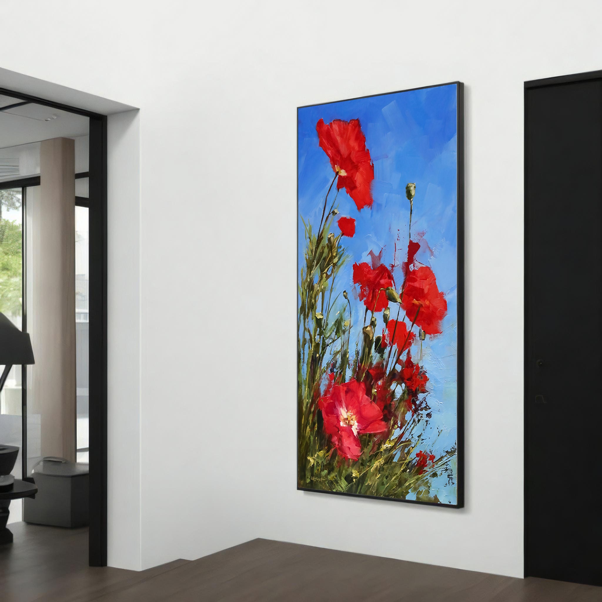Vibrant Red Poppies Canvas Painting - Lively Wall Art With Bright Blue ...