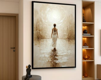 Woman in White Dress, Reflective Water Canvas, Ethereal Light Wall Art, Abstract Female Figure Painting, Serenity Home Decoration Canvas