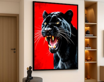 Tela rugindo de pantera negra feroz, arte de parede de animais selvagens, impressão ousada de gato da selva, fundo vermelho vibrante, decoração dramática de vida selvagem, pronto para