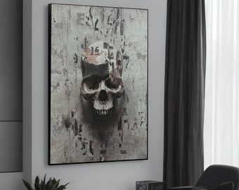 Abstrakter Schädel mit Hintergrund - Moderne Leinwand Malerei - Einzigartige Gothic Kunst für die zeitgenössische Wanddekoration