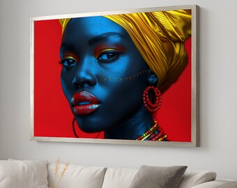 Bold African Beauty Portrait Canvas, Colorful Face Paint Wall Art, Ethnic Woman Canvas Print, Vibrant Headwrap and Makeup Decor