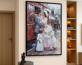 Vintage Train Station Farewell, Romantic Couple Kissing Canvas, Victorian Wedding Scene Wall Art, Historic Steam Locomotive Canvas, Home