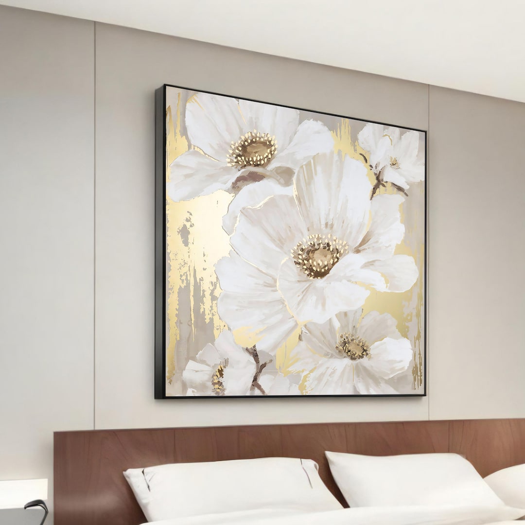 Charming White and Gold Flower Canvas Painting – Hand-painted Floral ...