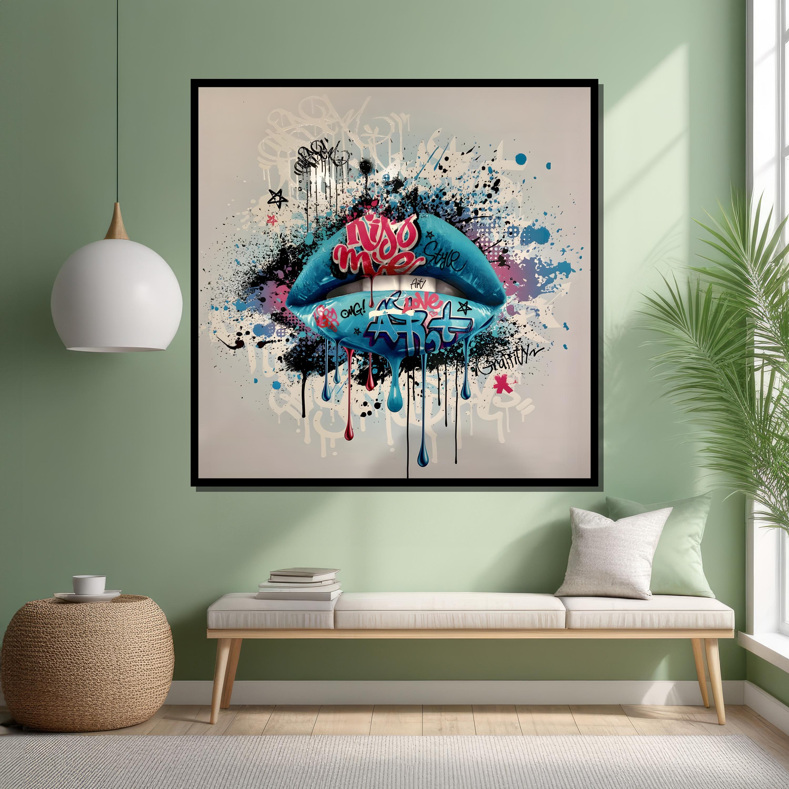 Colorful Urban Lips: Banksy-inspired Graffiti Pop Art Canvas