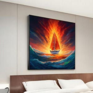 Fiery Sailboat Canvas Art, Red Sail Wall Art, Nautical Poster, Sea Adventure Canvas Design, Ready To Hang Home Decoration