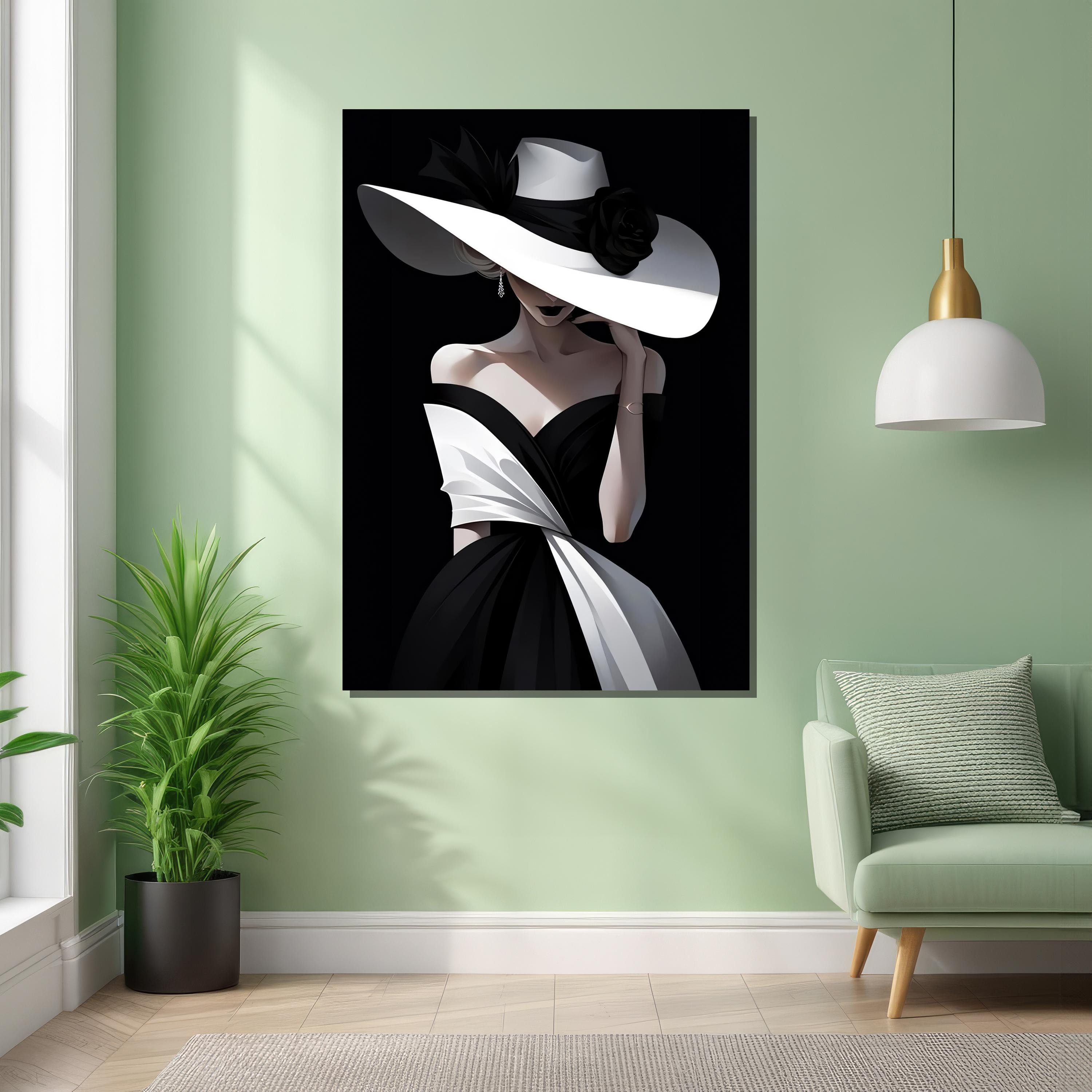 Elegant Lady in Hat Canvas Painting - Modern Black and White Fashion ...