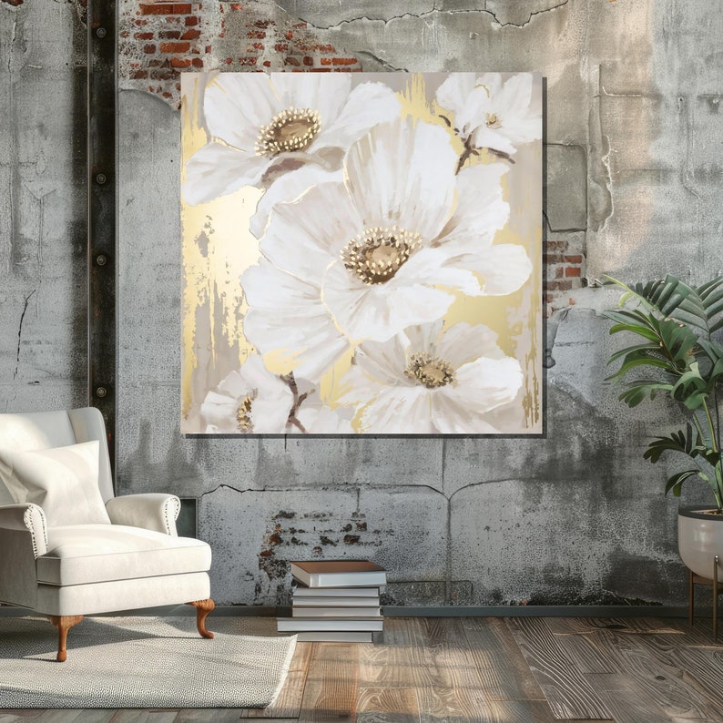 Charming White and Gold Flower Canvas Painting – Hand-painted Floral ...