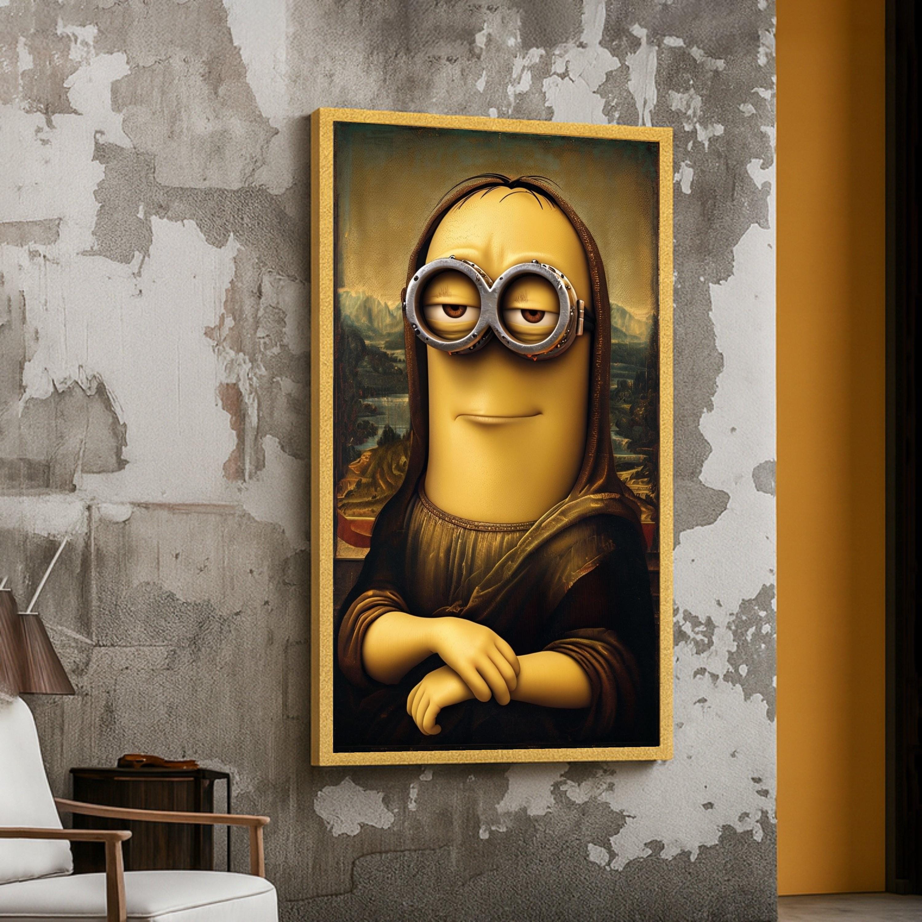 Humorous Minion Mona Lisa Canvas, Pop Culture Wall Art, Funny