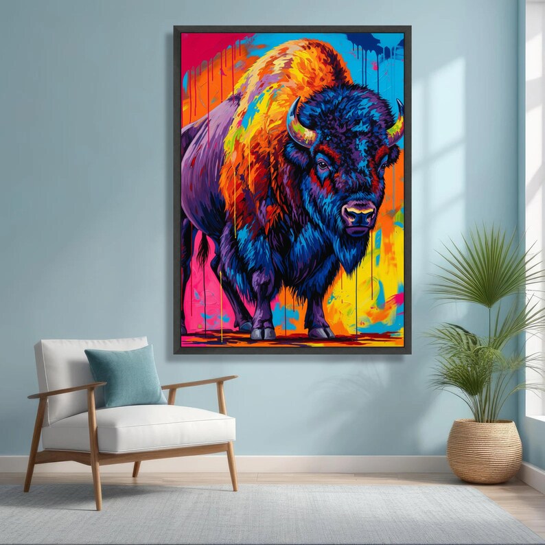 Levendige abstracte bizon canvas muurkunst, kleurrijke buffel schilderij, modern dierendecor, vet wildlife canvas, klaar om op te hangen woondecoratie afbeelding 7