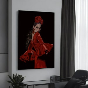 Elegant Flamenco Dancer Canvas Painting - Red Dress Spanish Dance Art - Perfect Gift for Dance Lovers