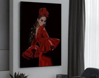 Elegant Flamenco Dancer Canvas Painting - Red Dress Spanish Dance Art - Perfect Gift for Dance Lovers