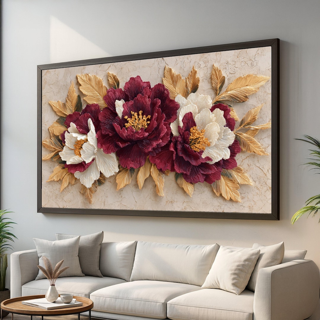 Elegant Burgundy and White Peony Canvas Wall Art, Floral Gold Leaves ...