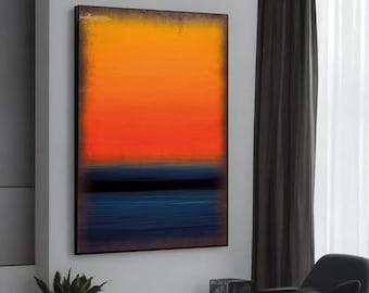 Mark Rothko Sunset Orange and Deep Blue Abstract Canvas Painting, Modern Art for Living Room, Vibrant Wall Decor, Gift