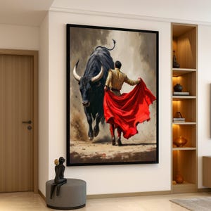 Lienzo de torero con capa roja, arte mural de matador español, escena dinámica de corrida de toros, lienzo de acción vibrante, arte para la decoración del hogar