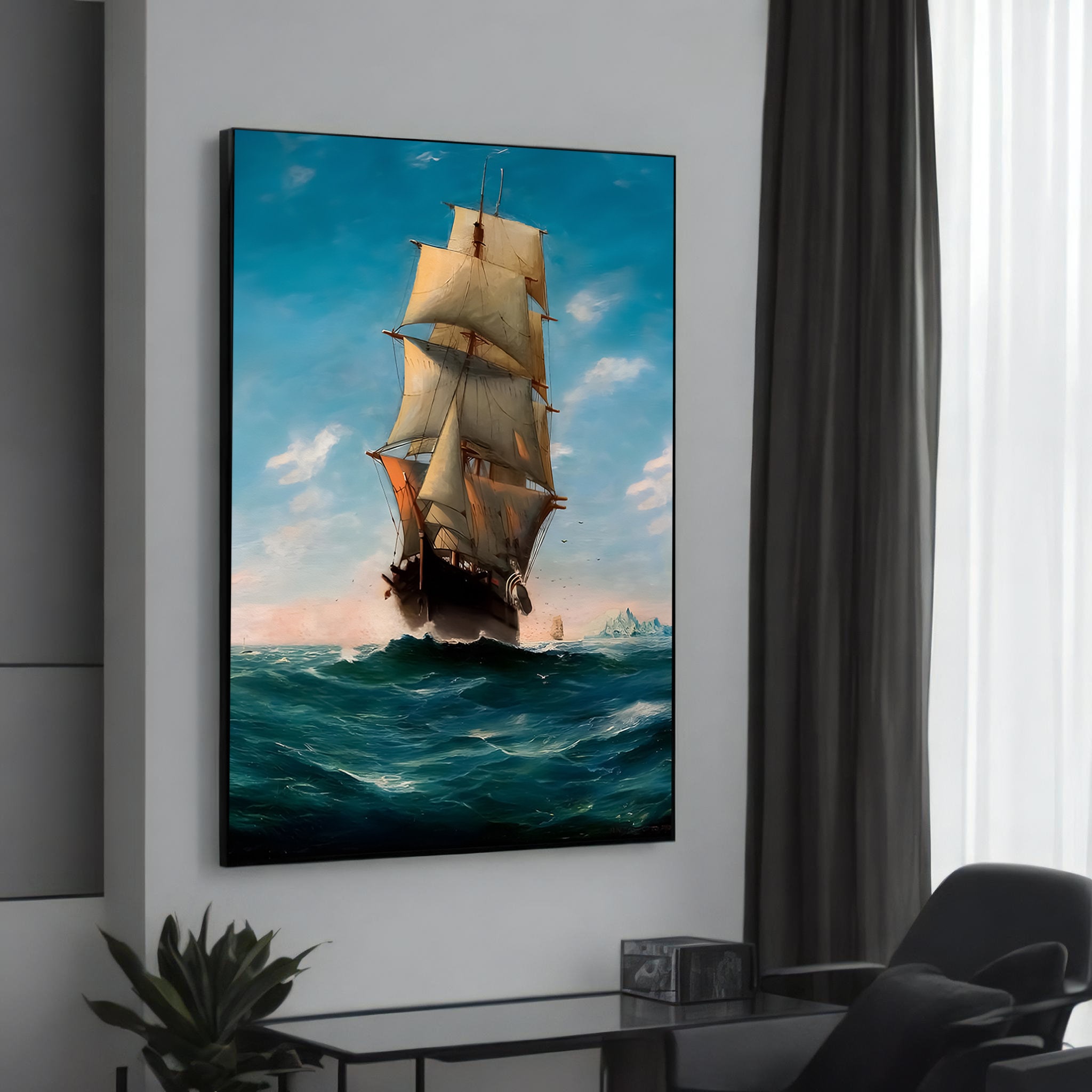 オープンオーシャンアドベンチャー：晴れた日の帆船、穏やかな海の景色