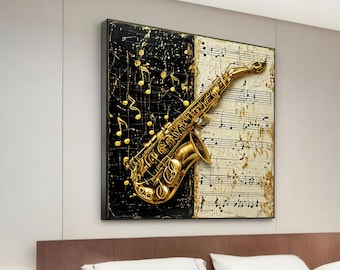 May include: A gold saxophone with musical notes on a black and white background. The saxophone is 3D and appears to be coming out of the canvas.