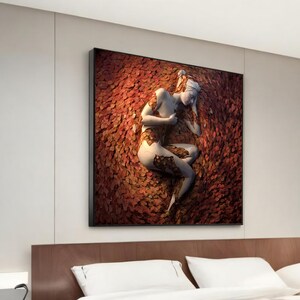 Serenity in Autumn Embrace - Modern Canvas Painting of Woman Amidst Fall Leaves - Unique Wall Art Gift