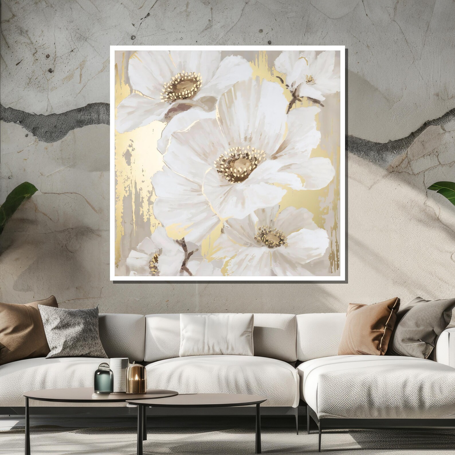 Charming White and Gold Flower Canvas Painting – Hand-painted Floral ...