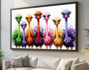 Kleurrijke struisvogelfamilie canvas, grillige vogel kunst aan de muur, levendige dierenschilderij, leuk interieur, klaar om op te hangen canvas