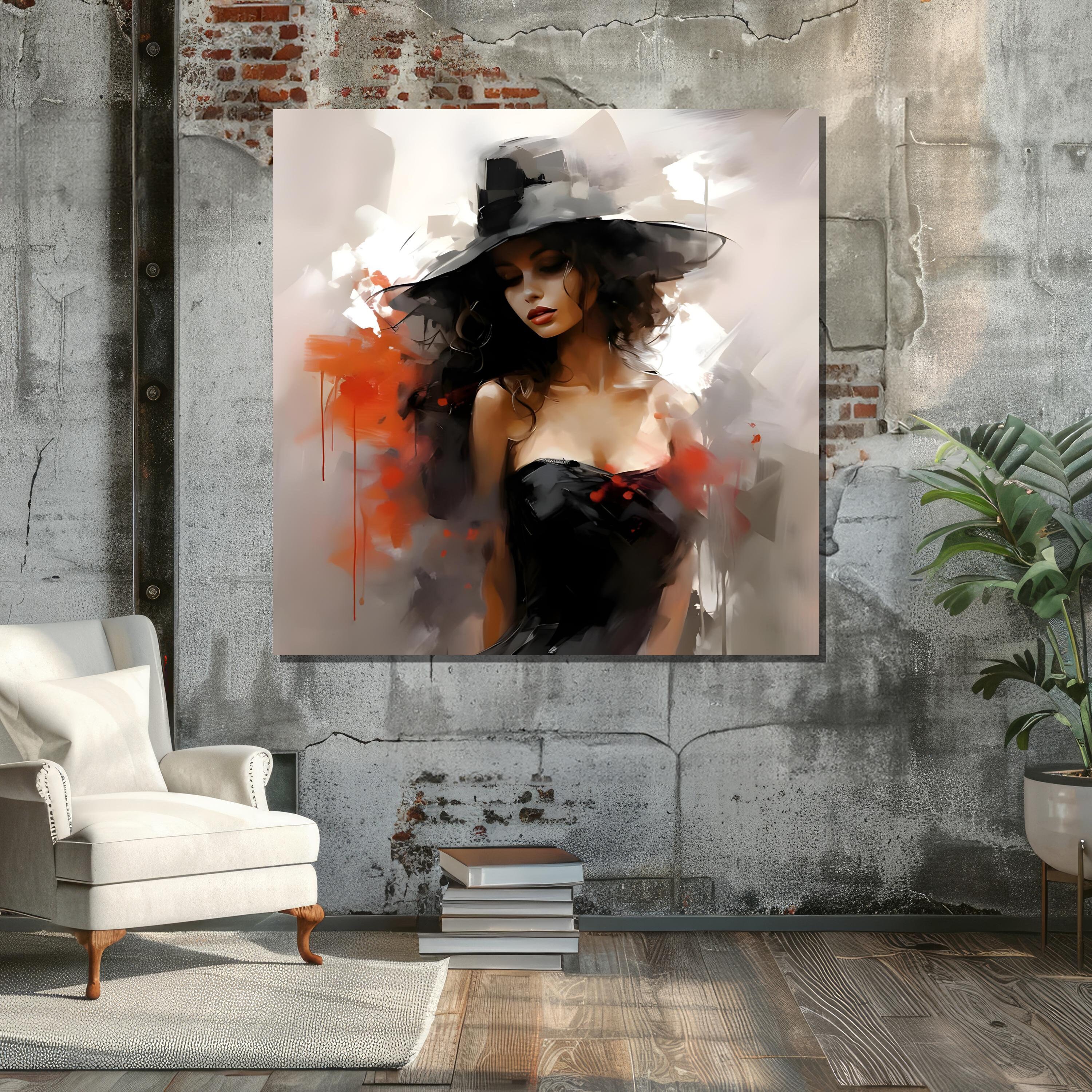 Timeless Elegance - Modern Canvas Painting of Woman in Black Hat and ...