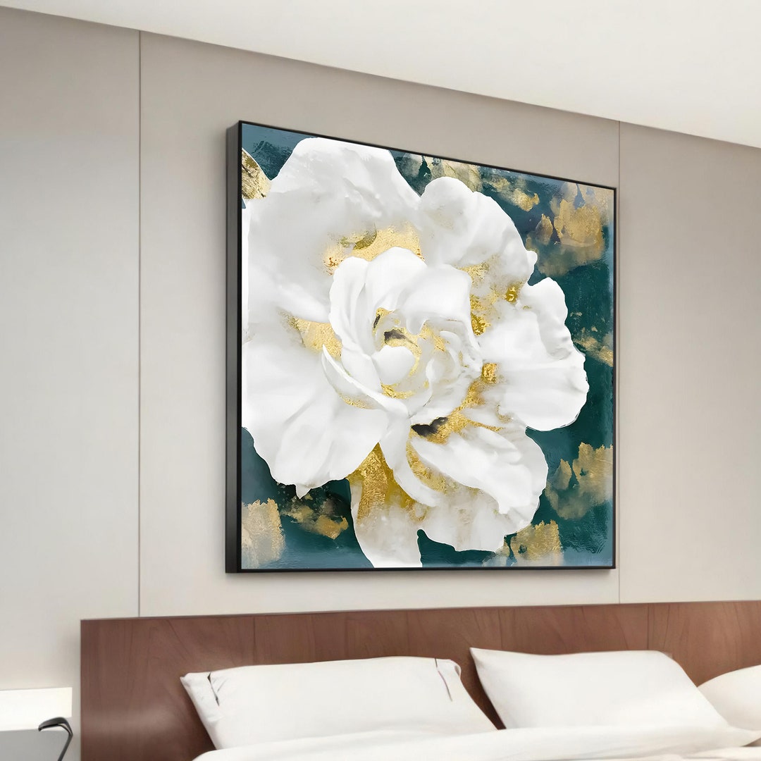 Exquisite White and Gold Flower Canvas Painting – Hand-painted Floral ...
