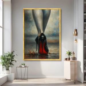Elegant Black High Heels Canvas, Red Sole Shoes Wall Art, Fashion Footwear Painting, Modern Glamour Decor, Stylish Women’s Canvas Print image 2